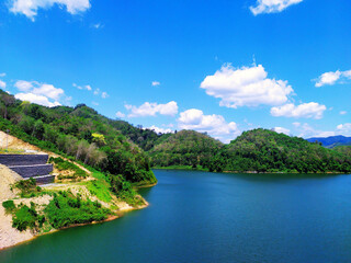 Fototapeta premium landscape of mountain and lake with blue sky background, Thailand.