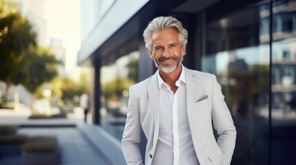 Successful, mature businessman standing outside against modern officials. Real estate investment and business development  - obrazy, fototapety, plakaty