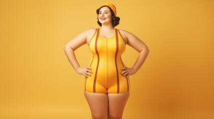 Body positivity plus size model posing in studio. Retro swimsuit and hut . 