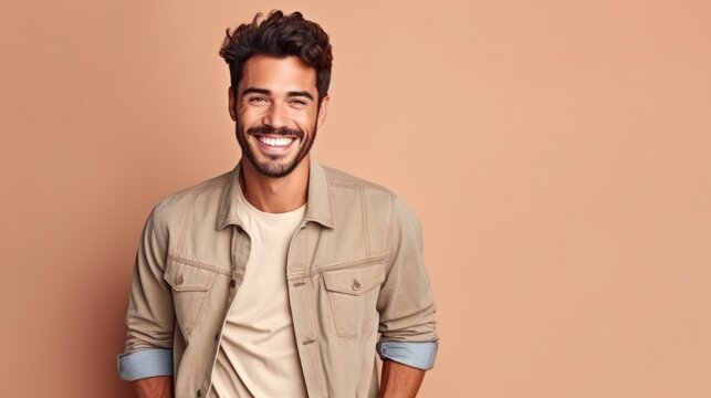 Positive young brunette male in beige t shirt looking at camera  with smile while standing against peanch background 