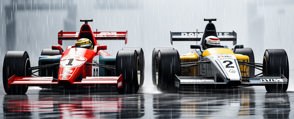 Naklejka premium Racing car at high speed in the rain. Racer on a racing car passes the track. Motor sports competitive team racing. Cars racing on the track. Motion blur background.