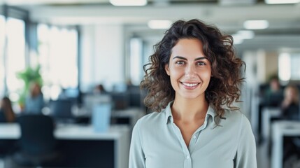 Portrait of young businesswoman wearing shirt and standing outside conference room. Portrait of happy business lady wearing spectacles and looking at camera with copy space. Satisfied proud female.