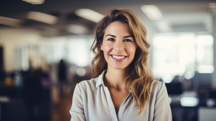 Portrait of blonde businesswoman wearing shirt and standing outside conference room. Portrait of happy business lady wearing spectacles and looking at camera with copy space. Satisfied proud female.