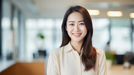 Successful entrepreneur  standing in creative office and looking at camera while smiling. Portrait of beautiful Asian woman standing in front of business team at modern agency with copy space.