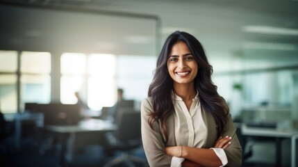 Portrait of indian businesswoman wearing shirt and standing outside conference room. Portrait of happy business lady wearing spectacles and looking at camera with copy space. Satisfied proud female. - obrazy, fototapety, plakaty