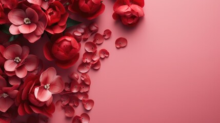 Beautiful red rose petals on pink background. Woman’s staffs . Copy space 