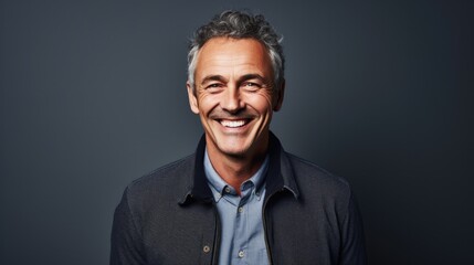 Happy laughing business man leader executive, smiling middle aged old senior confident professional businessman wearing suit standing arms crossed isolated on grey wall, portrait.