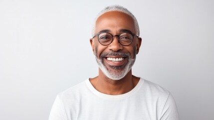 Kind silly funny face of black mature man on glasses isolated on white background  - obrazy, fototapety, plakaty