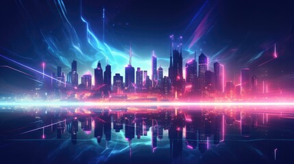Neon skyscrapers background with lights. Futuristic blurry 
