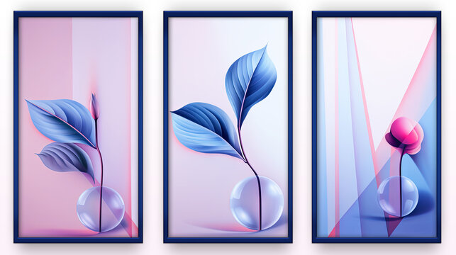 A set of canvases with an abstract flower and leaves.  Plant art design