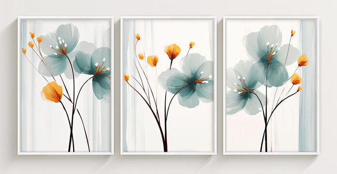 A set of canvases with an abstract flower. Plant art design. Generative AI