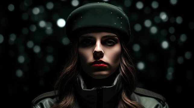 Illustration of a portrait of a very sensual and beautiful model girl in military style in night ambient light as a background