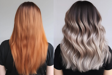 Hairdressers presenting hair color transformations, with space for transformative hair trends