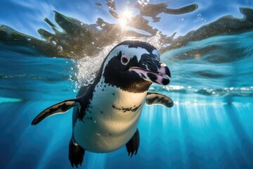 Penguin Swimming Beneath Blue Sky In Aquarium - obrazy, fototapety, plakaty