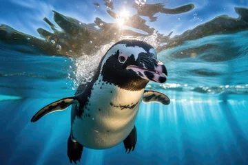 Zelfklevend Fotobehang Penguin Swimming Beneath Blue Sky In Aquarium © Anastasiia