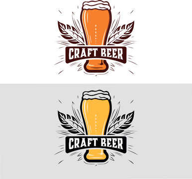 beer glass logo with writing and illustrations around barley
