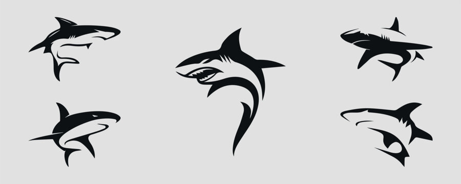 Black shark icons. Set. Vector on gray background	