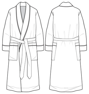Dressing Gown, Bathrobe Front and Back View. Fashion Illustration, Vector, CAD, Technical Drawing, Flat Drawing, Template, Mockup.