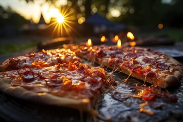 A gelatin pizza at a summer party with river barbecue., generative IA