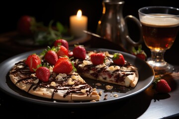 A chocolate pave pizza in a coffee with piano music., generative IA