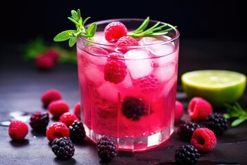Refreshing Summer Drink With Berries, Ice, And Thyme
