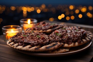 A chocolate pave pizza on a night terrace overlooking the city., generative IA