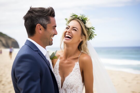 Cheerful Newlyweds Captured In Candid Beach Photography