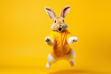 Fototapeta na wymiar Joyful Jumping Bunny in Yellow Hoodie on Bright Background