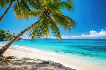 Fototapeta na wymiar Idyllic Tropical Beach With Palm Trees And Crystal Clear Waters