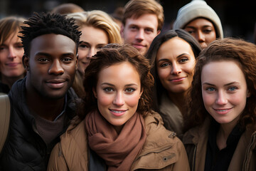 Fototapeta premium Faces of multiracial people looking at camera. Mixed race friends have fun together, talking smiling at taking selfies. Portrait of students of different nationalities. Diversity in society