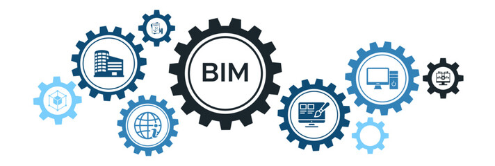 BIM banner web icon vector illustration concept for building information modeling with the icon of building, information, modeling, software, design, plan, and computer.