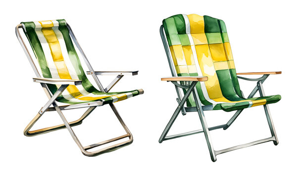Folded lawn chair, watercolor clipart illustration with isolated background.