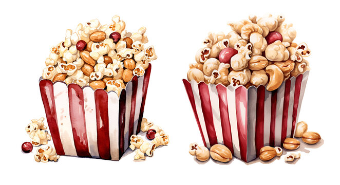 Box of peanuts and popcorn, watercolor clipart illustration with isolated background.