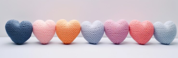colorful knitted hearts with colored background for valentine's day, babyshower, presentation