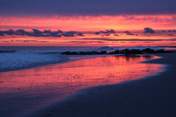 Sunset beach / sunrise beach with colorful sky nature background. Long Beach, New York. - obrazy, fototapety, plakaty