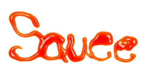 Chili sauce in shape word, spicy isolated on white, top view, clipping 