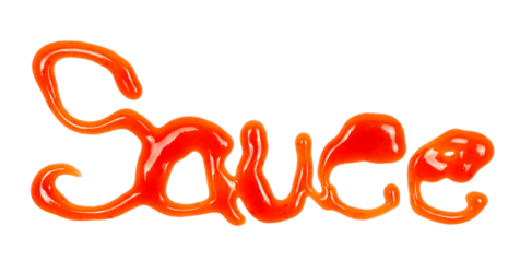 Chili sauce in shape word, spicy isolated on white, top view, clipping 