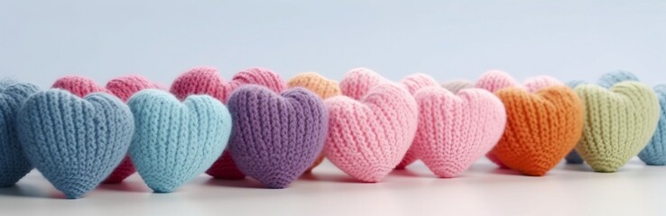 Obraz na płótnie Canvas colorful knitted hearts with colored background for valentine's day, babyshower, presentation
