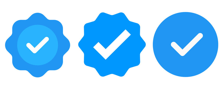 Blue tick verified badge icon vector. Social media official account tick symbol on transparent background