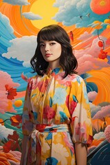 Fashionable asian woman on colorful background
