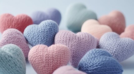 colorful knitted hearts with colored background for valentine's day, babyshower, presentation