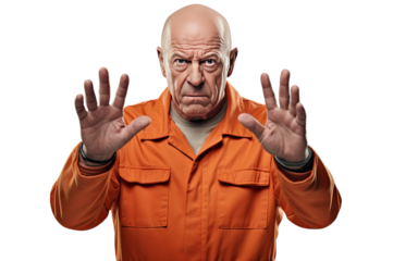 Old prisoner in orange clothes with hands up isolated on transparent background PNG