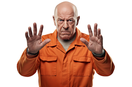 Old prisoner in orange clothes with hands up isolated on transparent background PNG - Powered by Adobe