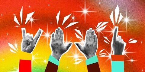 Human hands raised over colorful background, showing different gestures. People dancing....