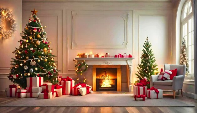 New Year's concept with Christmas tree, gifts and fire in the fireplace in the living room.