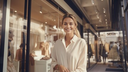 Stylish woman posing in front of a boutique clothes shop