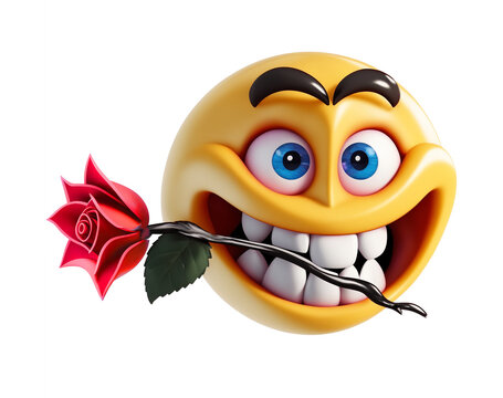 3D illustration depicting a cheerful emoticon with a rose in its mouth against a white backdrop