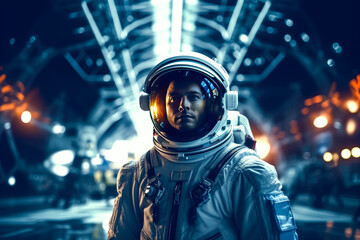 Astronaut in outer space. Man in spacesuit and helmet on background of night city. - obrazy, fototapety, plakaty