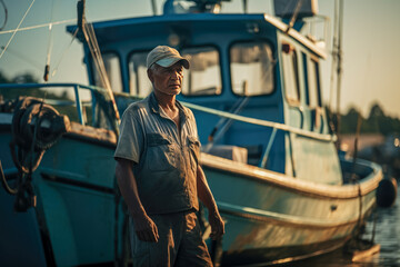 Portrait of a senior fisherman standing in front of his fishing boat
