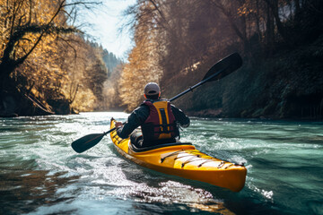 Man kayaking on the mountain river in autumn. Active lifestyle.